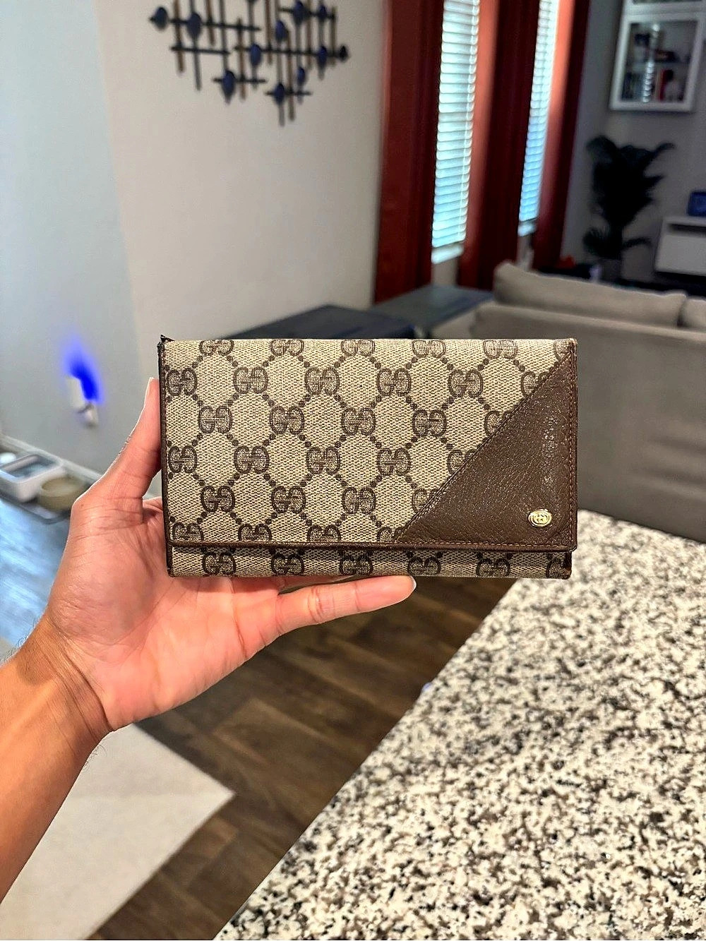 Gucci GG Canvas French Flap Kiss-Lock Wallet Brown & Beige